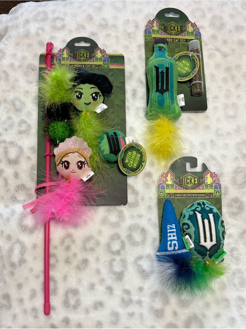 Wicked Feather & Plush Cat Toy Set - Pink, Green, Blue